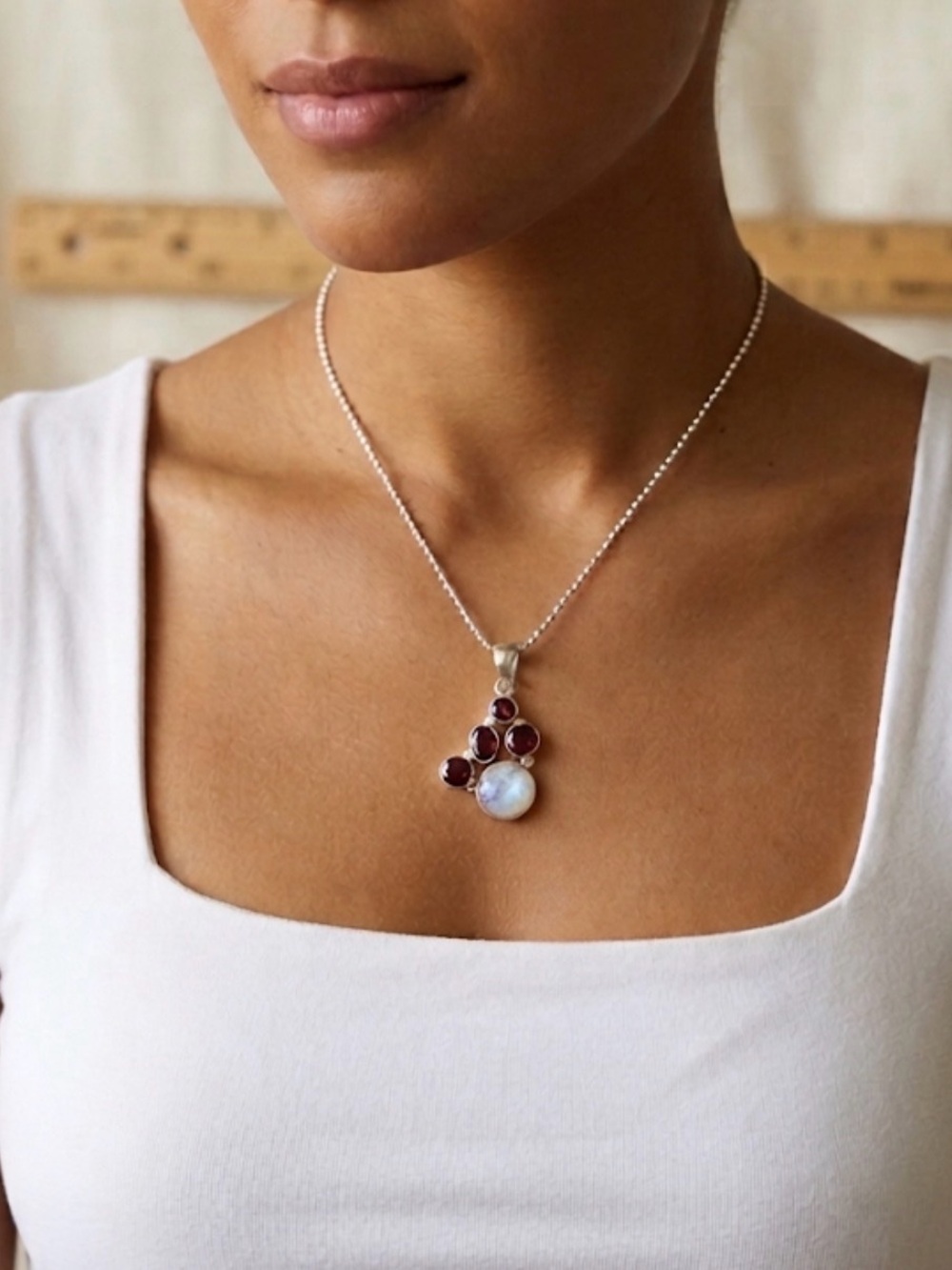 Garnet & Rainbow Moonstone Cluster Pendant Necklace — 925 Sterling Silver